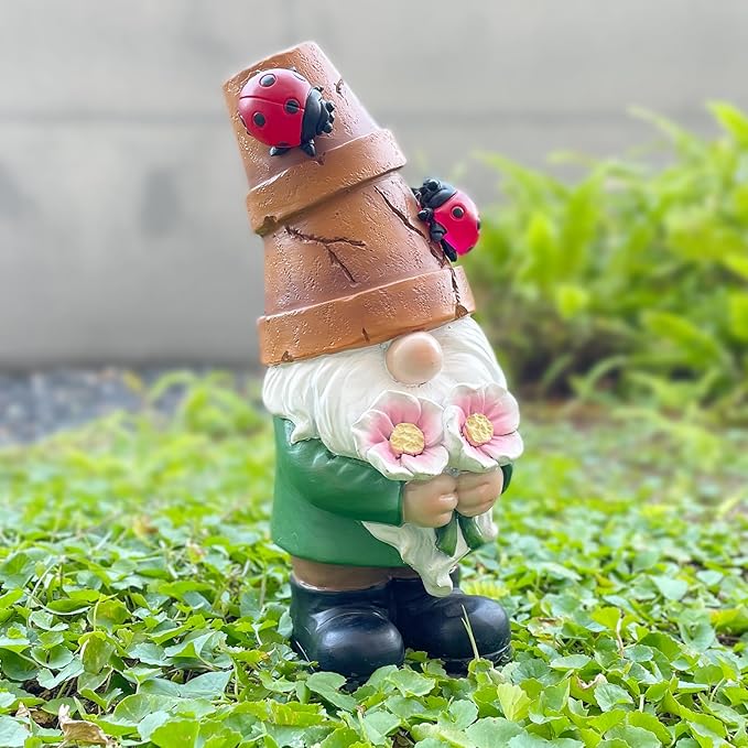 Garden Gnome Statues Outdoor Decor, Solar Gnomes with LED Lighted Flowers, Solar Resin Outdoor Statue Sculpture, for Woman Gift Home and Garden Decor