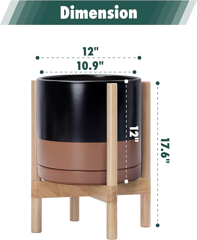 D'vine Dev Ceramic Planter with Natural Stand - 12 Inch Modern Round Flower Pot with Wood Planter Holder, Black/Speckled Tan, 55-B-J-7