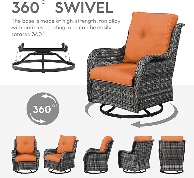 Outdoor Swivel Rcoker Wicker Chairs - Swivel Patio Chairs Set of 2 Patio Furniture Sets with Covered Cushion for Porch Deck Balcony Backyard, Orange Cushion