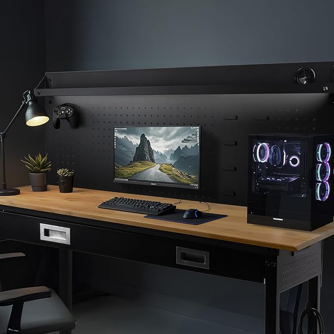 60" Workbench with Drawers, Work Benches for Garage with Strip Light, Adjustable Work Table with Large Pegboard, 2000 LBS Heavy Duty Table with Power Outlet Rubber Wood for Garage, Office