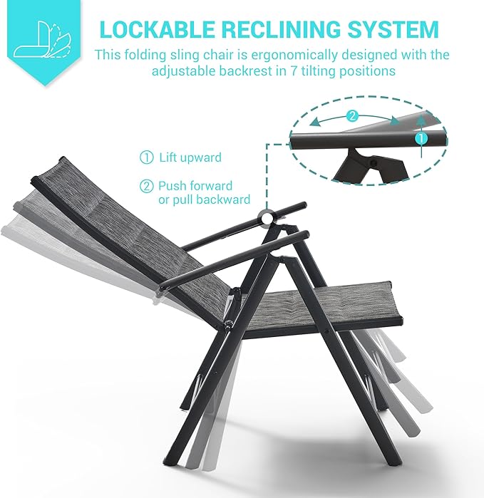 UDPATIO Patio Folding Dining Chairs Set of 2, Folding Lawn Chairs for Adults with Padded All Weather Breathable Textilene, Portable Chairs with Steel Frame, No Assembly, Dark Grey