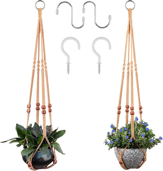 Macrame Plant Hanger for 5 to 10 Inch Plant Pots, Set of 2 Indoor Handmade 35 Inch Woven Rope Hanger Kits with Hooks and Wood Beads, Hanging Planter Basket Holder for Boho Home Decor (Brown, 2 Pack)