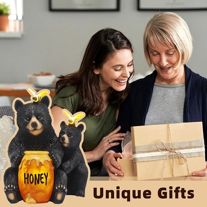 Solar Garden Decor Statues 7" Resin Mother&Cub Bear Figurines with Honey Jar Waterproof Black Bear Decor for Outside Yard Patio Porch Decoration Gift for Mom Grandma