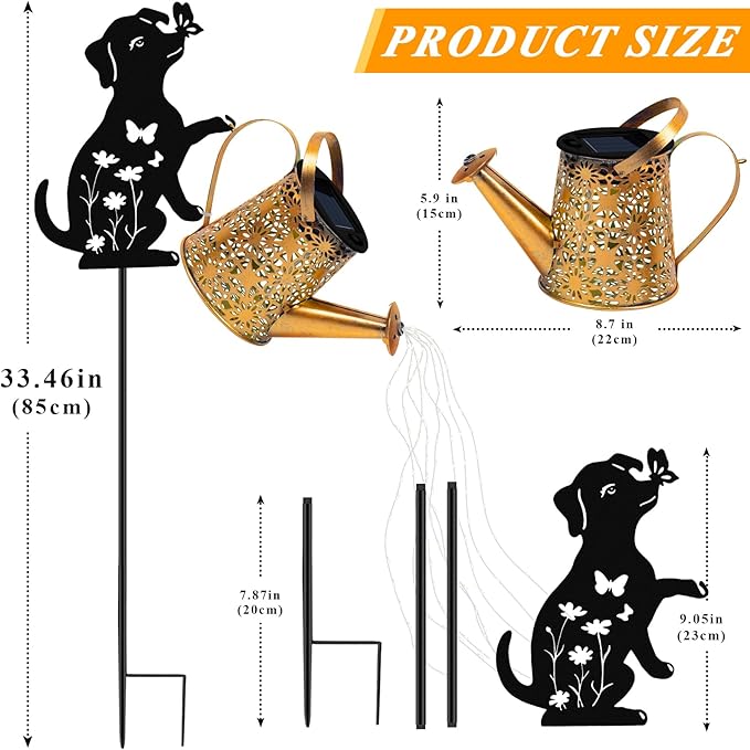 Solar Lights Outdoor Decorative, Watering Can with Cascading Lights, with Dog Silhouette Garden Stakes, Waterproof Metal Garden Decor for Yard Art, Outside, Patio, Lawn Ornaments