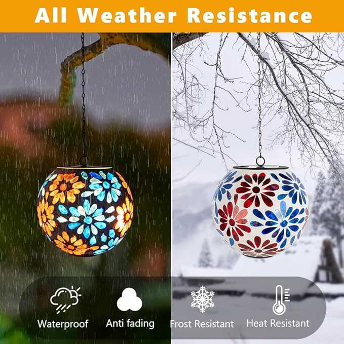 Solar Lanterns Outdoor Waterproof, Hanging Mosaic Flower Solar Lantern with Hook, Hanging Gazing Ball Globe Lantern for Garden Patio Yard Decor