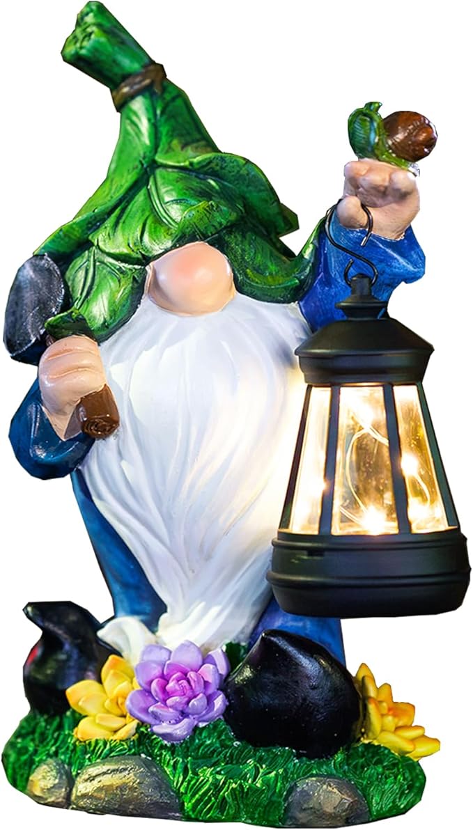 Garden Gnome Solar Figurine Lights - Solar Powered Lighting Outdoor Decorations with Lantern & Shovel, Yard Art Lawn Ornaments for Porch Patio Balcony - Gnome Gifts for Women Mom