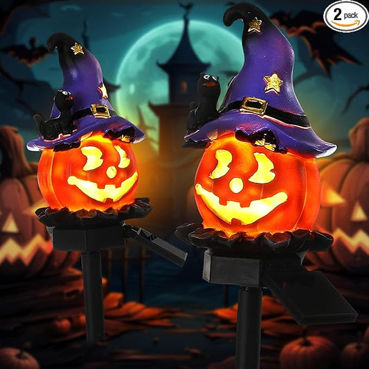 Retisee 2 Pcs Halloween Pumpkin Pathway Solar Lights Orange Jack O Lantern Stake Lights for Outdoor Halloween Decorations Yard Display LED Front Porch Decor(Witch Hat Pumpkin)
