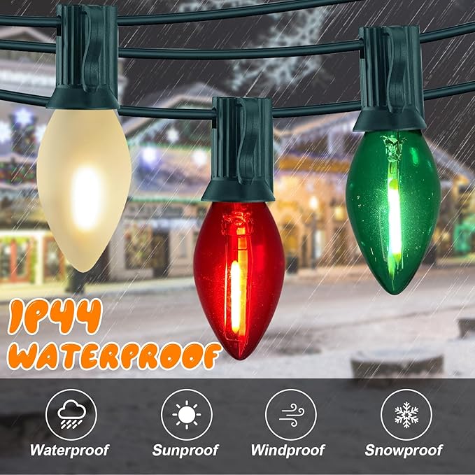 C7 LED Red White and Green Christmas Lights, 25Ft Outdoor Chritsmas String Lights Shatterproof with 27 LED Clear Multicolor Bulbs, Connectable Vintage Christmas Lights for Patio Garden Backyard Decor