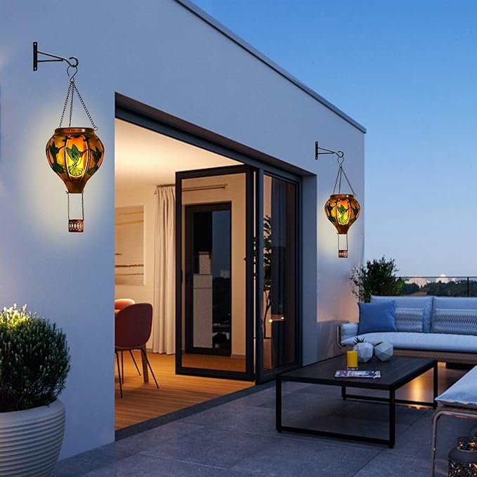 pearlstar Hot Air Balloon Solar Lantern with Flickering Flame Light Outdoor Solar Hanging Lights Waterproof for Garden Yard Farmhouse Patio Pathway Outside Decoration,Glass(Hummingbird)