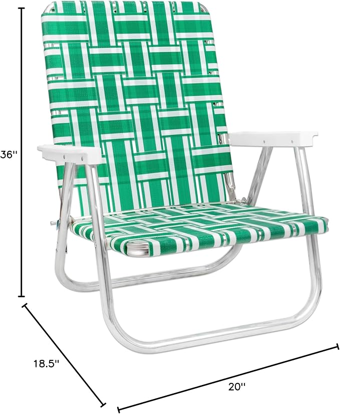 Lawn Chair USA Folding Aluminum Outdoor Patio Lawn Chair | Heavy-Duty Webbed Chairs for Camping, Sports, Beach, Yard & Tailgating | Lightweight Portable | High Back Beach Chair- Green & White Stripe