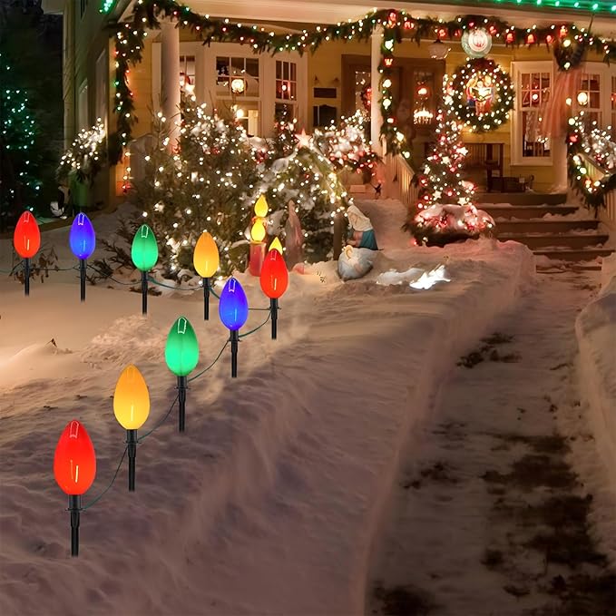 Jumbo C9 Christmas Pathway Lights Outdoor, 2 Pack 7FT C9 Christmas Walkway Lights with 4 LED Jumbo Multicolor Bulbs, Christmas Yard Decoration Lights for Outside Lawn Garden Driveway, 8 Lights