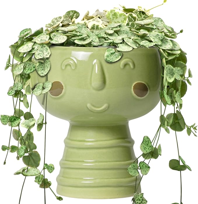Face Planter Pots Head - 7 Inch Ceramic Succulent Plant Pots with Drainage Hole, Cute Head Planters for Indoor Outdoor Plants, Room Desk Office Decor, Plant Lover Gifts, Green