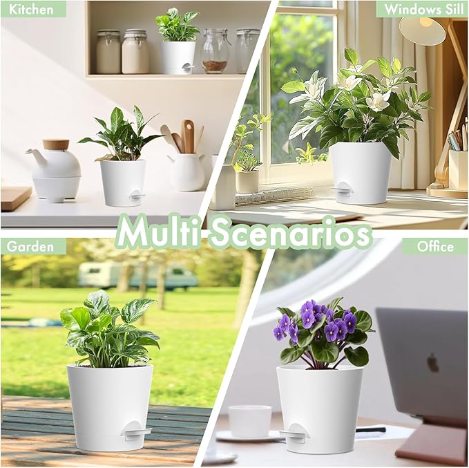 7/6.5/6/5.5/5/4 inch Self Watering Pots for Indoor Outdoor Plants, 6 Pack Plastic Flower Planters with Drainage Holes and Removable Saucers, Plant Pots with Wicking Rope, Modern Decor, White