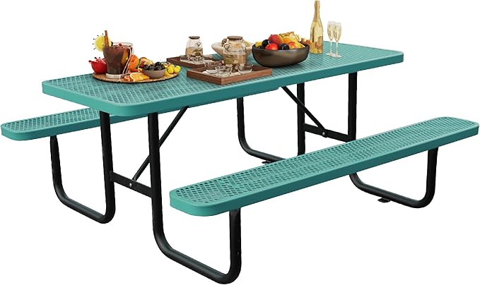 6FT Metal Picnic Tables for Outdoors, Commercial Rectangular Picnic Table and Bench Set for Outside, Patio, Garden, Backyard, Porch, Surface Mount, Green