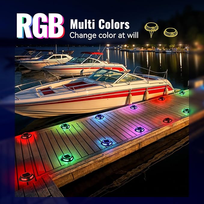 Solar Driveway Lights Outdoor 4 Pack, RGB Colors Solar Deck Dock Lights Outdoor Waterproof IP68, 3 Dynamic Light Modes, Driveway Marker for Warning Stair, Boat Dock, Step, Walkway, Patio Decor