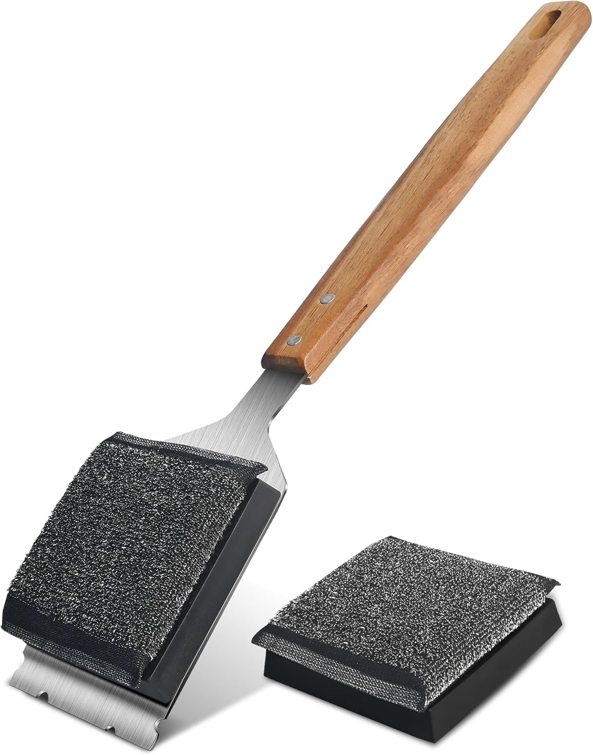 Grill Brush BBQ Cleaner Brush - Barbecue Brush for Outdoor Grill with 1 PCS Replacement Cleaning Head, Grill Cleaning Brush Bristle Free with Stainless Steel Scraper & Wooden Handle for Most Grate