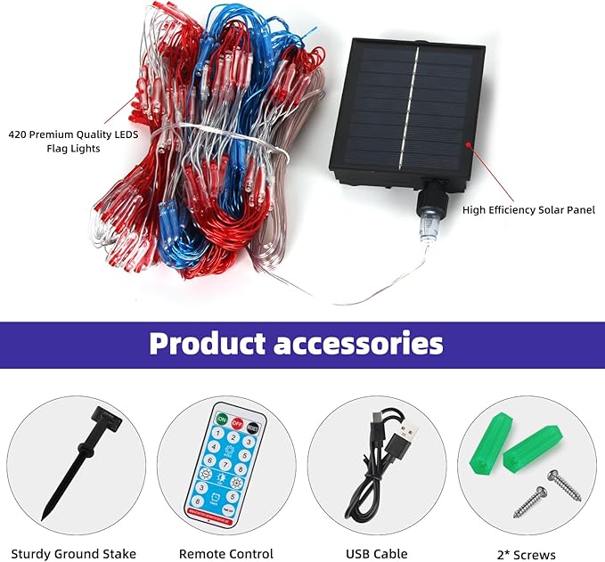 Solar American US Flag Lights [Solar & USB 2 Power Way], 420 LEDs Waterproof USA Net Lights, 6.75 FT x 3.53 for Garden, 4th of July, Independence Day Decoration