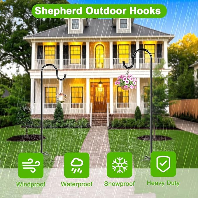 96" Shepherds Hooks for Outdoor, Heavy Duty Garden Bird Feeder Pole Hanging Bird Feeder, Solar Light Lanterns, Outdoor Plant Hanger Hook with 7 Base Prongs, 1 Pack