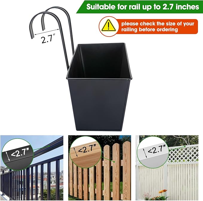 OGIMA 16-Inch Railing Planter Box, 3 Pack Large Hanging Planters for Outdoor Plants with Adjustable Wide Hooks for 2.7'' Railings - Balcony Planters Railing Hanging for Deck, Fence & Patio Decor