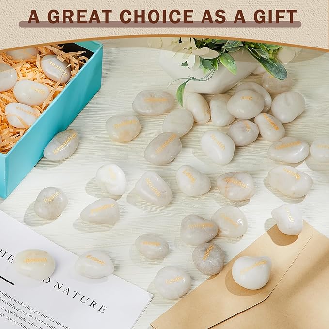 Fabbay Engraved Inspirational Stones Encouragement Motivational Rocks with Words Garden Positive Gift for Christmas Thanksgiving(White,40 Pcs)
