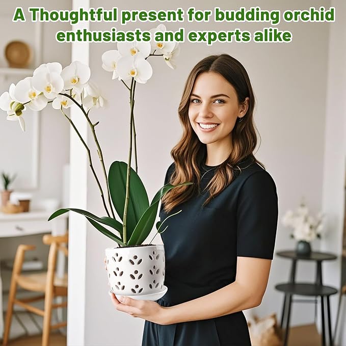 REMIAWY Orchid Pot, 2 Pack Orchid Pots with Drainage Holes and Saucer, 6 Inch and 5 Inch Large Ceramic Planter for Repotting Indoor Plants, Succulent, Decorative, Good Air Circulation, White