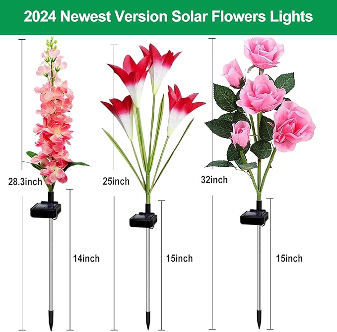 Solar Garden Lights - 6 Pack Solar Flowers with Lily Rose Delphinium, Waterproof Gardening Gifts for Mom, Grandma, Women - Multi-Color Changing Outdoor Lights for Garden, Yard, Patio, Lawn
