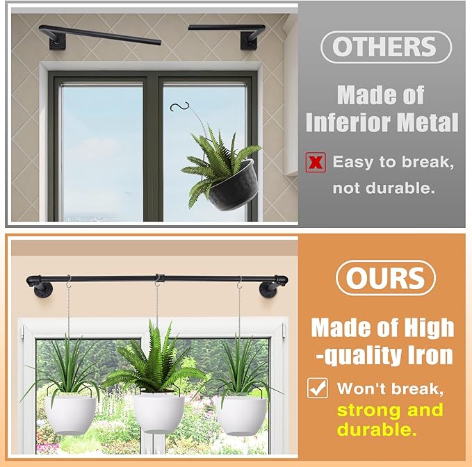 Plant Hanger Indoor, 34.2in Strong Load-Bearing Hanging Plant Holder, Window Plant Rod Black Metal Bar for Wall Ceiling Decor Shelves, 2 Pcs(Pot Chain & Plant Not Included)