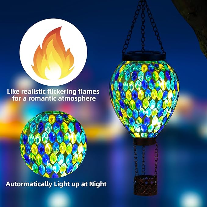 VOREEN Hot Air Balloon Solar Lantern, Mosaic Solar Outdoor Hanging Wind Light, Waterproof, Patio Festive Decor, Easter Gifts for Mom Father Grandma, Blue