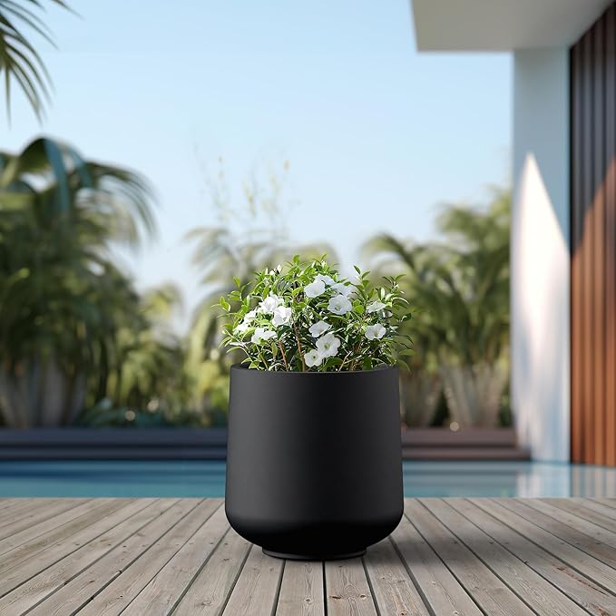 Kante 15.3" Dia Round Concrete Planter, Outdoor Indoor Large Plant Pots Containers with Drainage Hole and Rubber Plug for Home Garden Patio, Black