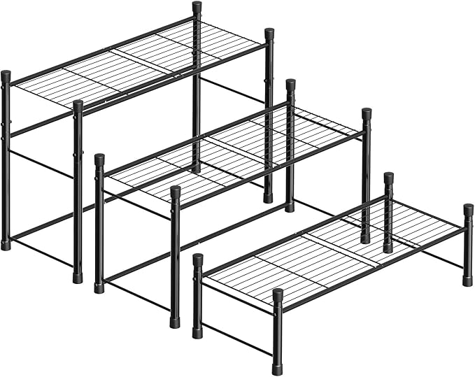 New England Stories Outdoor Plant Stand, 3-Tier Metal Plant Rack, Heavy Duty and Waterproof Plant Shelf, Stackable Tall Flower Pot Holder for Garden Display Rack, Black