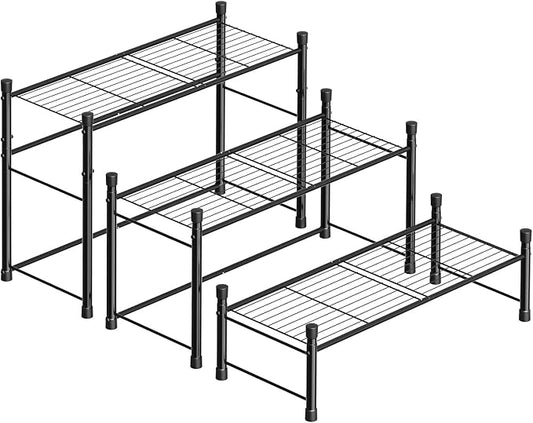 New England Stories Outdoor Plant Stand, 3-Tier Metal Plant Rack, Heavy Duty and Waterproof Plant Shelf, Stackable Tall Flower Pot Holder for Garden Display Rack, Black