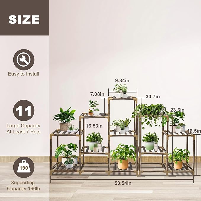 Plant Stand Indoor Outdoor, 11 Tier Corner Plant Shelf for Multiple Plants, Large Wood Plant Shelf Combo Ideal for Gardens, Patios, and Lawns