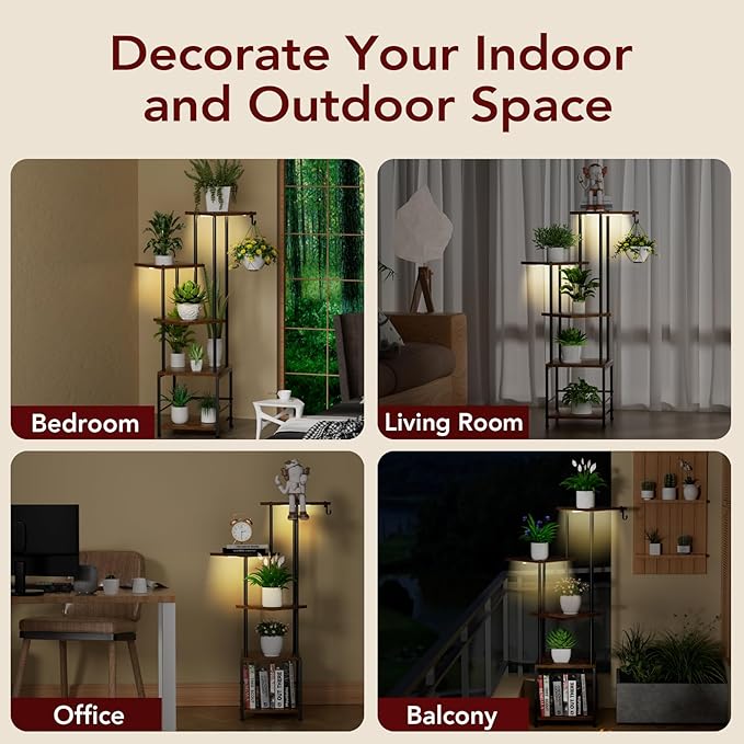 Plant Stand Indoor with Grow Light, 5-Tiered Tall Plant Stand Indoor, Metal Plant Shelf with Hanging Basket Hook and Adjustable Light, Ideal for Living Room, Garden, Patio,Brown and Black（2 pcs ）