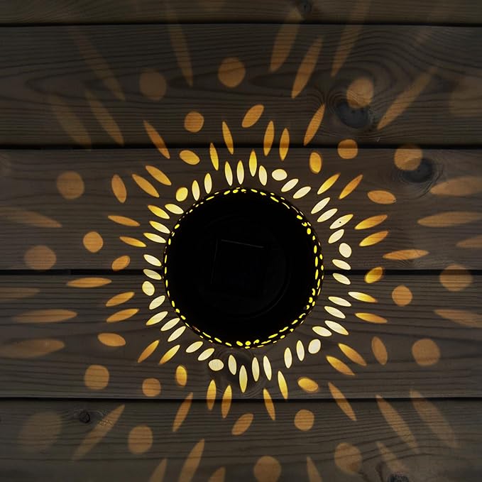 Solar Table Light Outdoor Waterproof- Solar Powered LED Lamp Hollowed-Out Black Metal Desktop Decorative Lantern for Indoor Desk Bedroom Patio Garden Pathway Yard