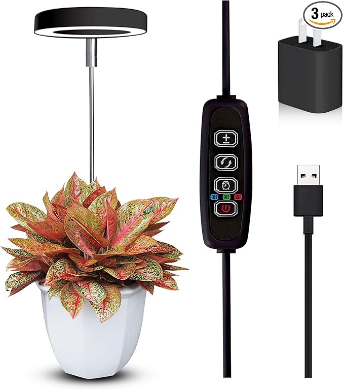 Grow Lights for Indoor Plants Small Potted - Full Spectrum, Auto 3/9/12H Timer, 10-Level Dimming & Adjustable Height - Compact Grow Light for Succulents, Herbs, Foliage in Home/Office (Black,1PACK)