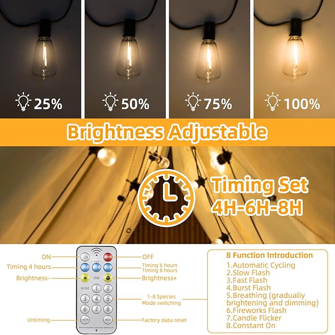 58FT Solar String Lights Waterproof with Remote, ST38 LED Dimmable Globe Outdoor Lights for Patio with 27 Edison Vintage Shatterproof Bulbs, Connectable Backyard Lights for Bistro, Porch