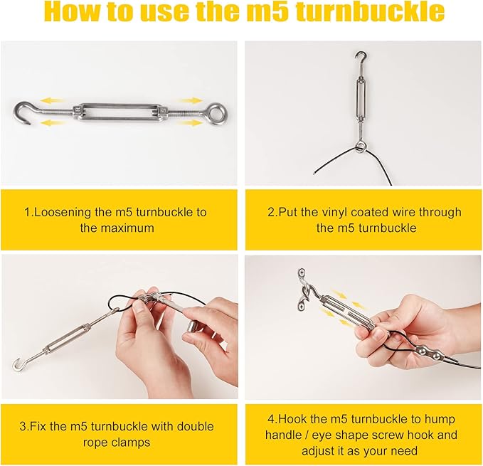 String Light Hanging Kit Outdoor Lighting Hanging Kit with 250 Ft Black Coated Wire Cable, Turnbuckle, Hooks and Enough Outdoor Accessories for Outside, Patio, Garden