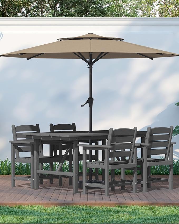 Patio Dining Set for 4 with Umbrella Hole - 66" Outdoor Table & 4 Chairs, All-Weather HDPE Outdoor Furniture for Lawn, Garden, Backyard, Poolside, Gray