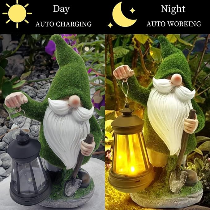 coolboy Solar Gnome Outdoor Garden Statue,Waterproof LED Lights Outdoor Decor,Resin Gnome Ornament,Solar Lantern Indoor Figurines for Patio Garden Table Decor