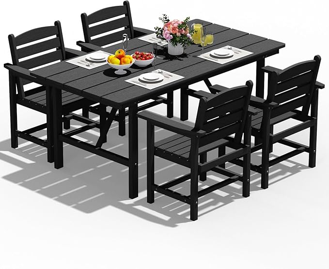 Patio Dining Set for 4 with Umbrella Hole - 66" Outdoor Table & 4 Chairs, All-Weather HDPE Outdoor Furniture for Lawn, Garden, Backyard, Poolside, Black