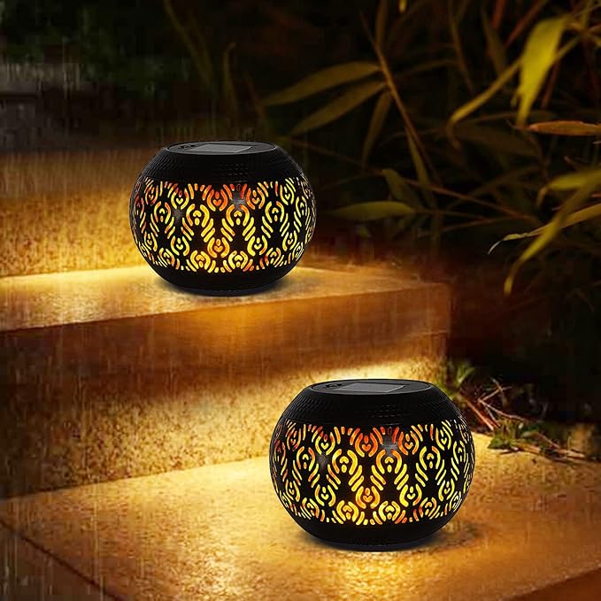 Solar Table Light Outdoor Waterproof - Solar Powered LED Lamp Dancing Flickering Flame,Hollowed-Out Black Peacock Feather Metal Desktop Decorative Lantern for Desk Patio Garden Pathway Yard