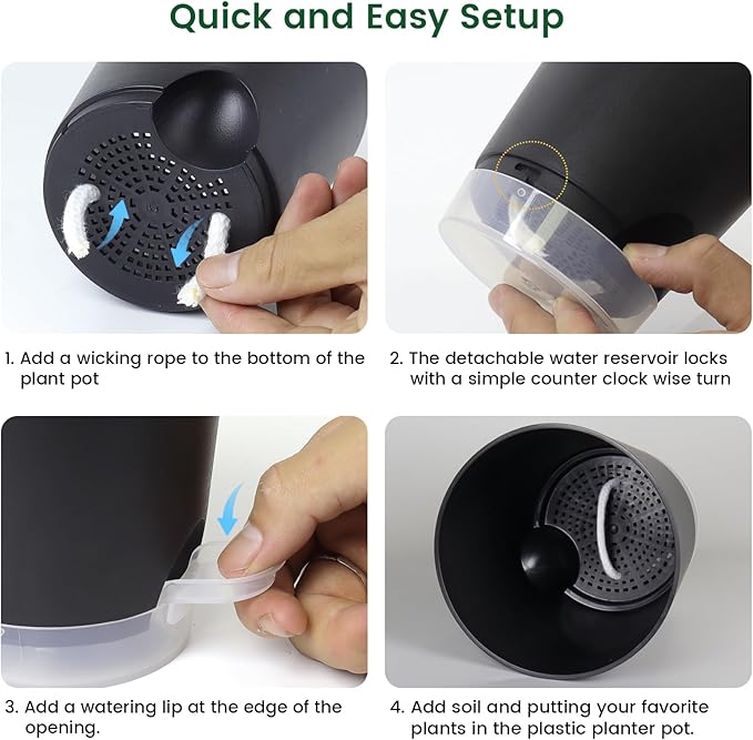 6 inch Self Watering Pots for Indoor Outdoor Plants, 3 Pack Flower Plant Pots with Drainage Holes and Clear Reservoirs, Visible Water Level, Plastic Planters with Wicking Rope, Black