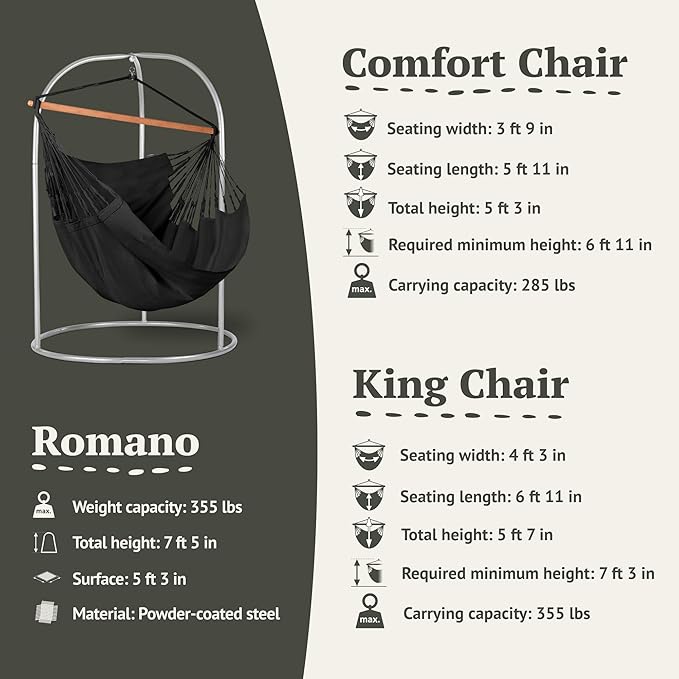 LA SIESTA - XL King Habana Cotton Hammock & Romano Steel Stand - Indoor Outdoor Hanging Chair Swing for Bedroom Porch Balcony - Boho Hanging Chair - Onyx