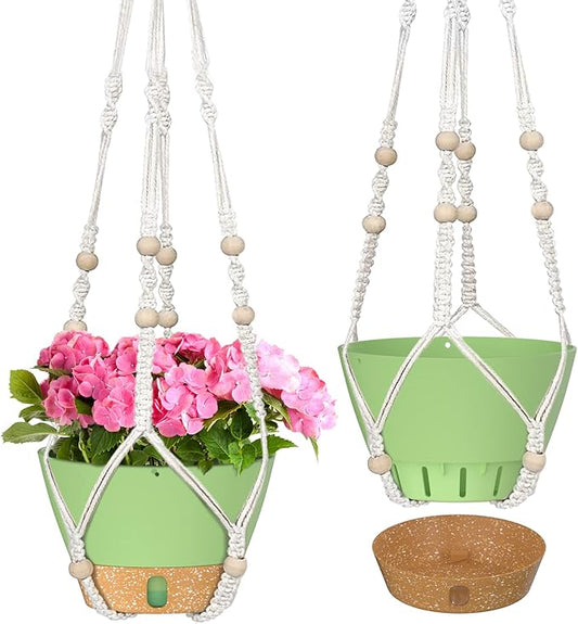 ZMTECH 2 Pack 10 Inch Hanging Planters with Macrame Plant Hanger for Indoor and Outdoor Plants, Self Watering, Drainage Hole, Visible Level Tray, Green