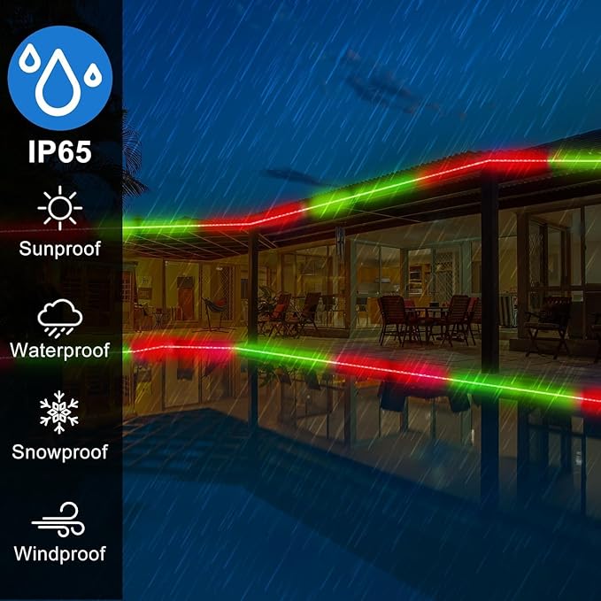 Christmas Rope Lights Outdoor, 50Ft 600 LED Red and Green String Lights, Waterproof Tube Light Plug in 8 Modes Timer Memory, Permanent Christmas Lights for Tree Fence Yard House Decorations
