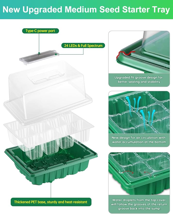 4 Packs Medium Seed Starter Tray, Adjustable Brightness and Timer, Upgraded 24 Full Spectrum LEDs, Seed Starter Kit with Drainage Holes, Tools and Labels for Indoor Plant Growing