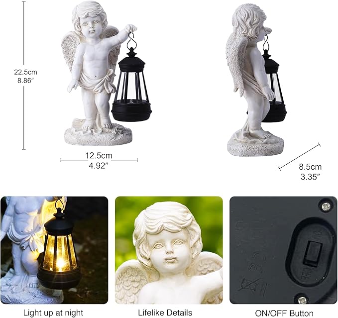 Goodeco Cherub Statue with Solar Lantern - Angel Statue for Garden Patio Yard Porch Lawn Outdoor Decor, Angel Figurines Memorial Spiritual Gifts