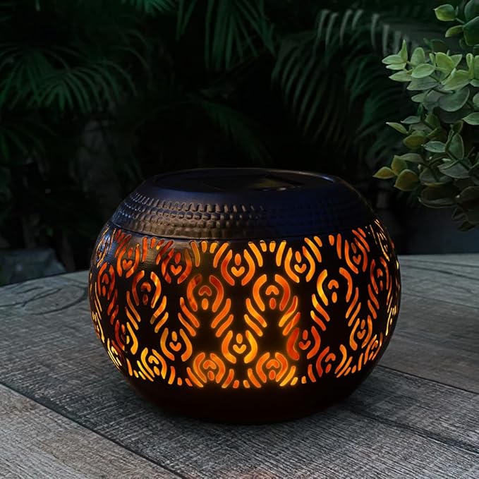 Solar Table Light Outdoor Waterproof - Solar Powered LED Lamp Dancing Flickering Flame,Hollowed-Out Black Peacock Feather Metal Desktop Decorative Lantern for Desk Patio Garden Pathway Yard