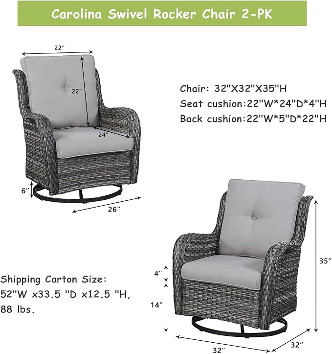 Outdoor Patio Swivel Rocker Chairs - Single Wicker Rattan Patio Swivel Rocking Chair with High Back,Deep Seating and Comfort Cushions for Deck Porch Garden,Mixed Grey/Grey