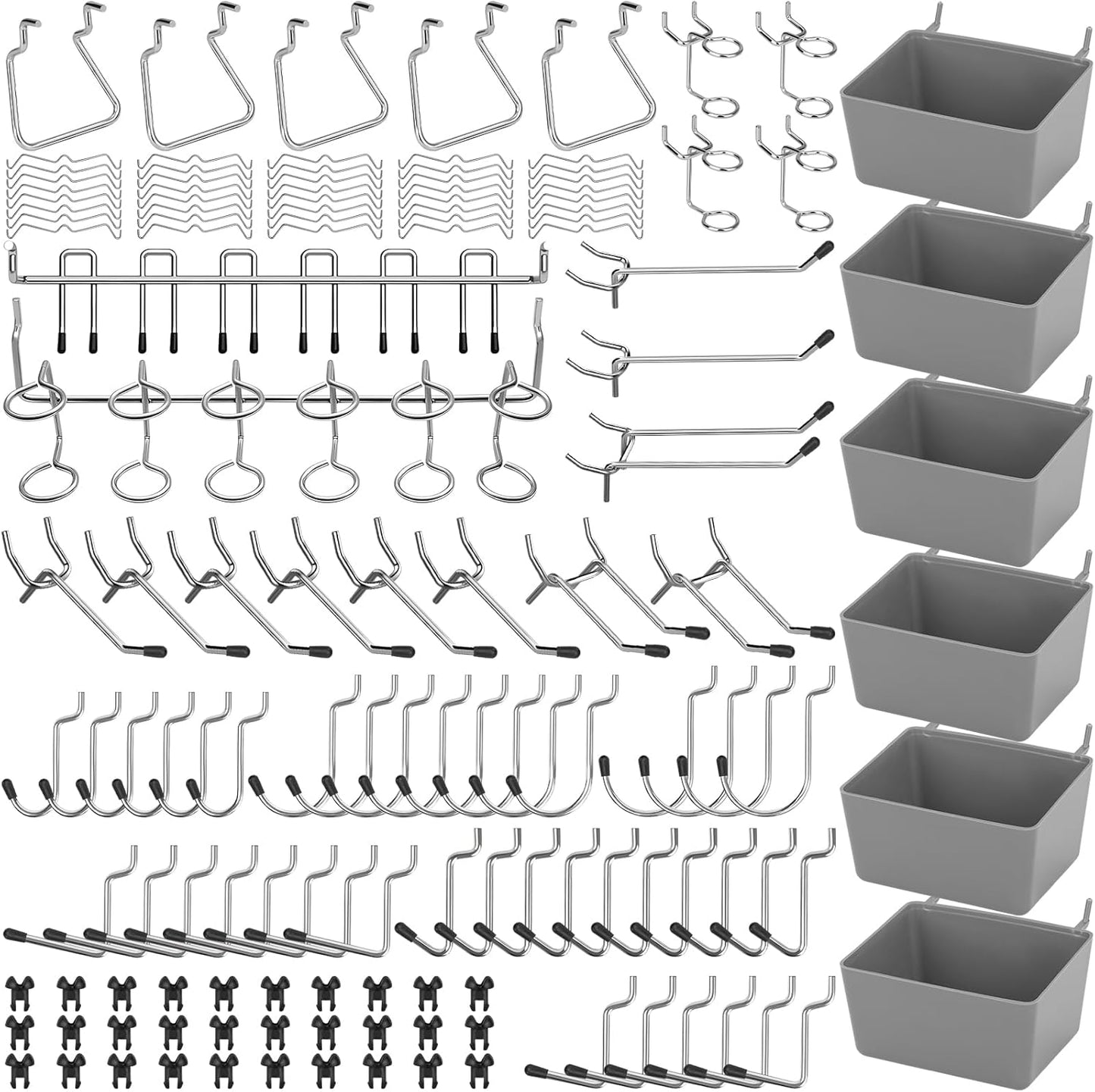 17-in-1 Pegboard Hooks Assortment - 143 Pcs 14 Sizes Peg Board Organizer Accessories Kit with 6 Pegboard Bins, 30 Silicone & 42 Stainless Steel Peg Hook Locks for 1/4" and 1/8" Pegboards Hanging Tools